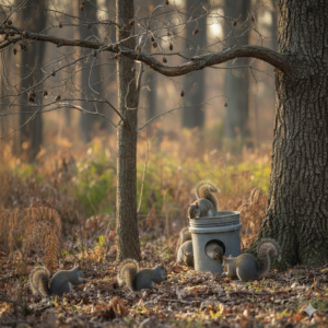 Homemade bucket squirrel feeder placed in hardwood forest during a poor mast year