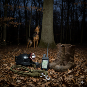 essential coon hunting gear laid out at night including coon light, GPS tracking system, boots, and lead