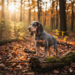 A young Bluetick Coonhound puppy standing alert and focused in a forest, demonstrating early training techniques for hunting dogs.