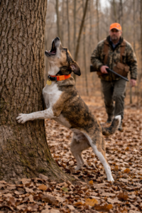 Mountain Cur treed during a daylight squirrel hunt with handler approaching