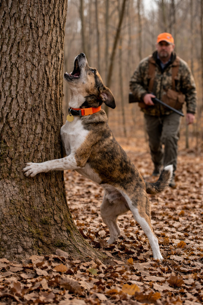 Mountain Cur treed during a daylight squirrel hunt with handler approaching