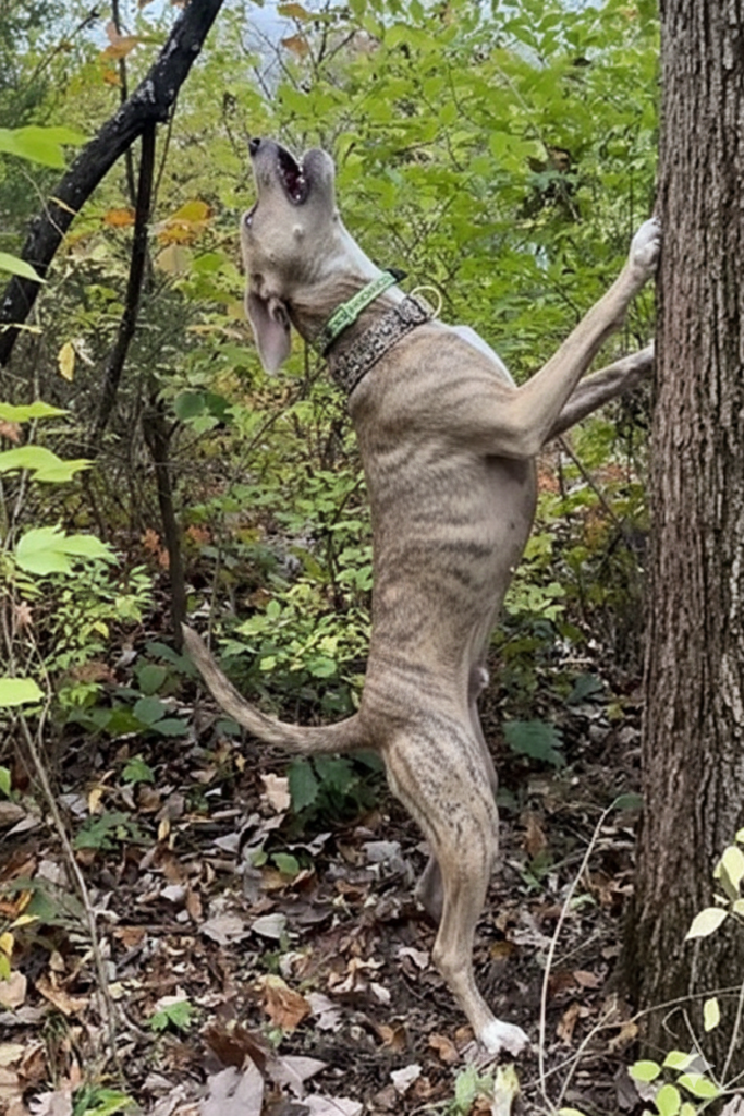 Mountain Cur circling hardwood tree during squirrel hunt