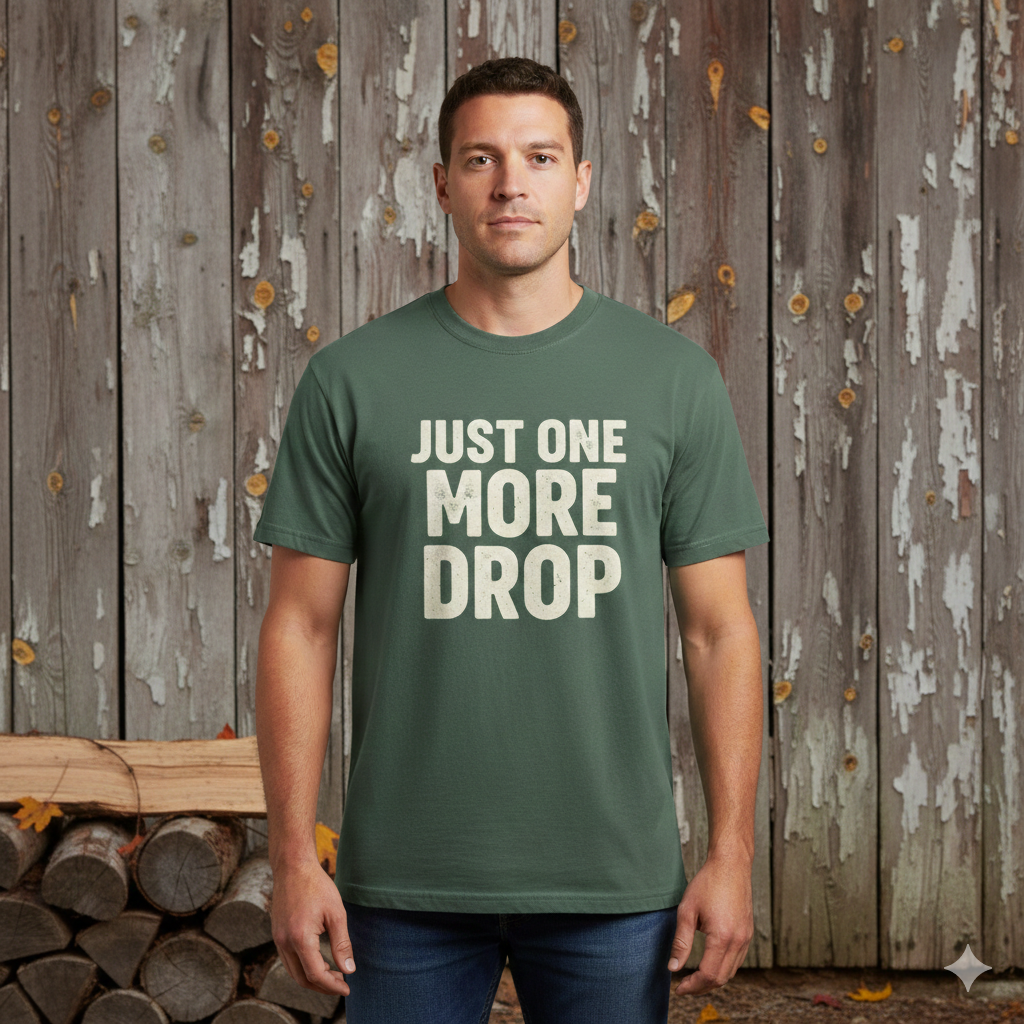 Front view of Just One More Drop coon hunting shirt on green t-shirt.