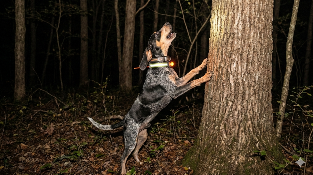 Young coonhound slick treeing early during night hunt