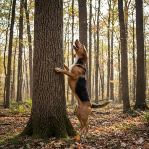 Young squirrel dog treeing in hardwood woods with no squirrel visible
