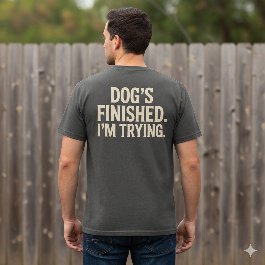 Back view of Comfort Colors coon hunting shirt with Dogs Finished Im Trying printed in bold text.