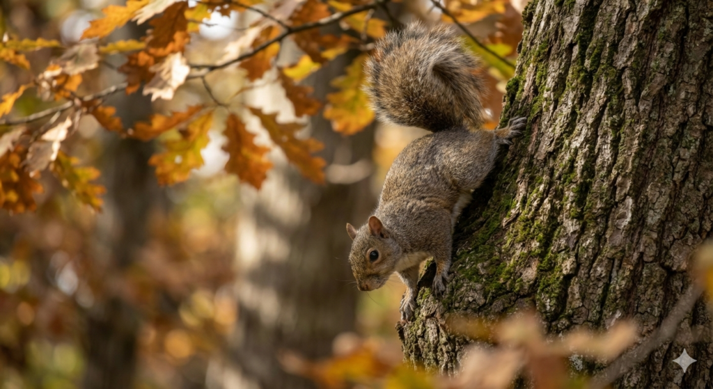 Gray squirrel clinging to a tree trunk in an autumn hardwood forest