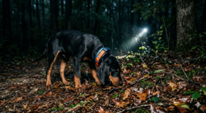 Young coonhound pup working scent at the timber edge at night with GPS collar during early training hunt.