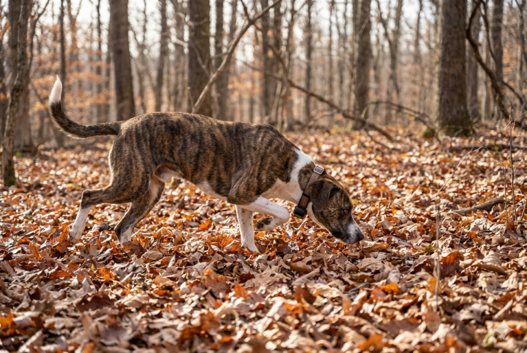 Mountain Cur squirrel dog tracking forward through hardwood timber during daylight hunt