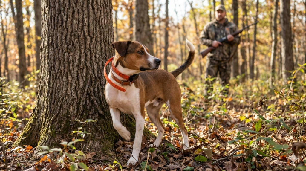 young squirrel dog leaving tree during hunt