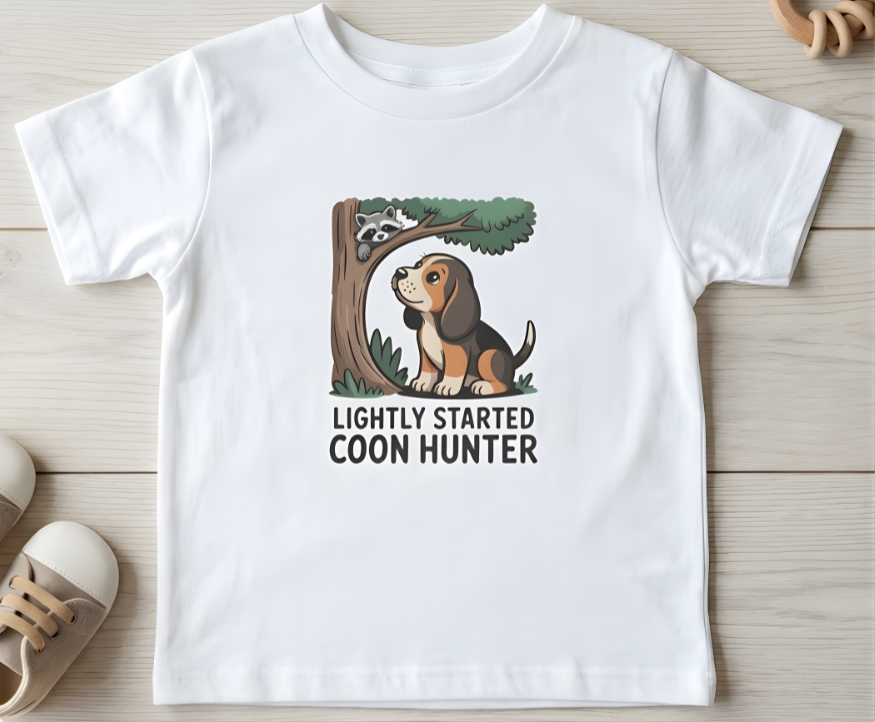 Lightly Started Coon Hunter toddler t shirt with cartoon coonhound design