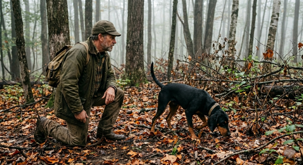 A young black and tan coonhound working nose-down on a cold track through damp fallen leaves in a foggy hardwood forest