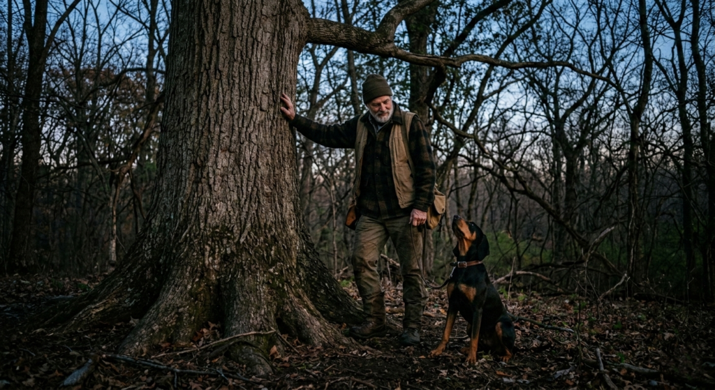 A coonhound sitting at the base of a hardwood tree with a hunter standing nearby during an evening hunt.