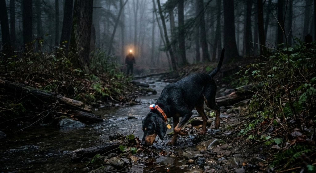 Coonhound working a cold track along a creek bottom at night with handler watching from a distance in heavy timber