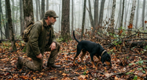 A young black and tan coonhound working nose-down on a cold track through damp fallen leaves in a foggy hardwood forest