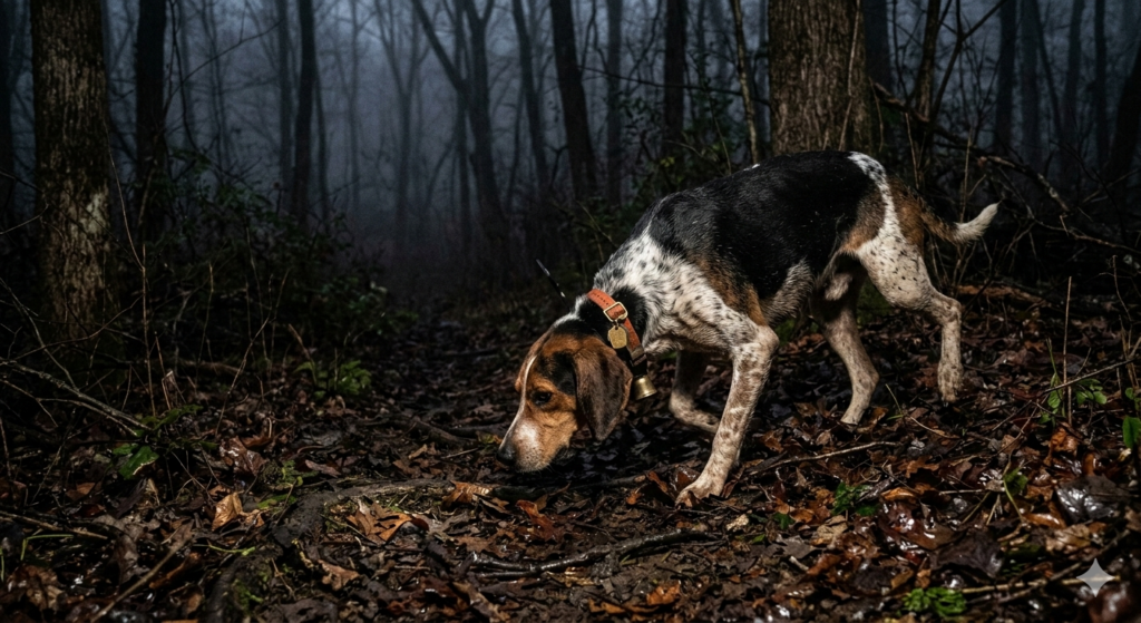 Walker coonhound with nose to the ground following a track through dark wet timber