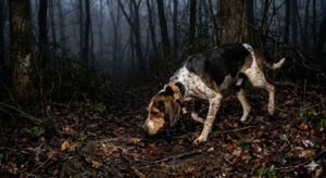 Walker coonhound with nose to the ground following a track through dark wet timber