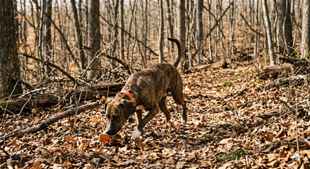 Young Mountain Cur tracking a squirrel through dry leaf cover in open hardwood timber during an early training session
