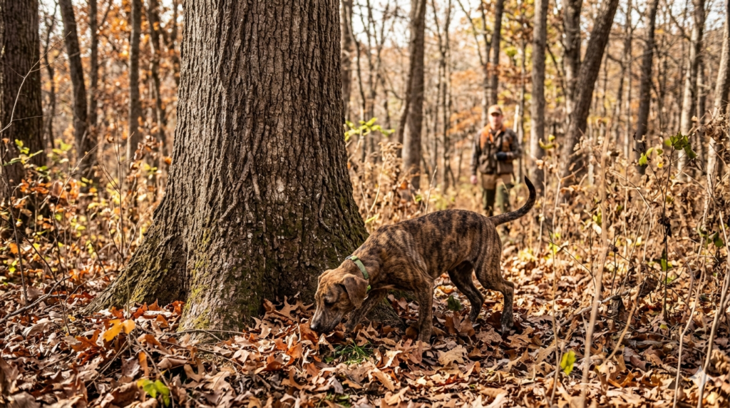 Young Mountain Cur circling in dry leaves while working out a lost squirrel track in hardwood timber