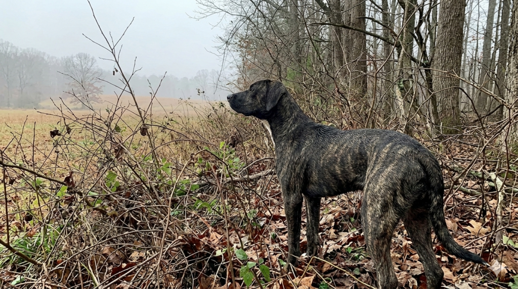 Young feist paused at hardwood timber edge with nose up scenting the wind on a cold gray morning