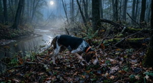 Black and Tan Coonhound with nose to the ground following a cold trail through a misty hardwood forest at night