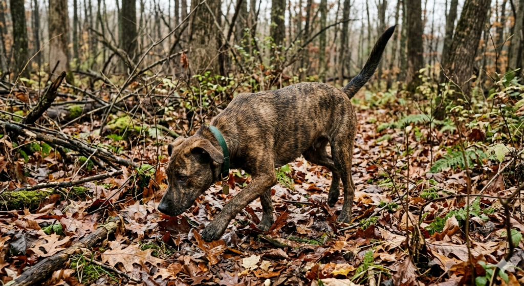A young squirrel dog tracking nose-down through wet fallen leaves in an autumn hardwood forest