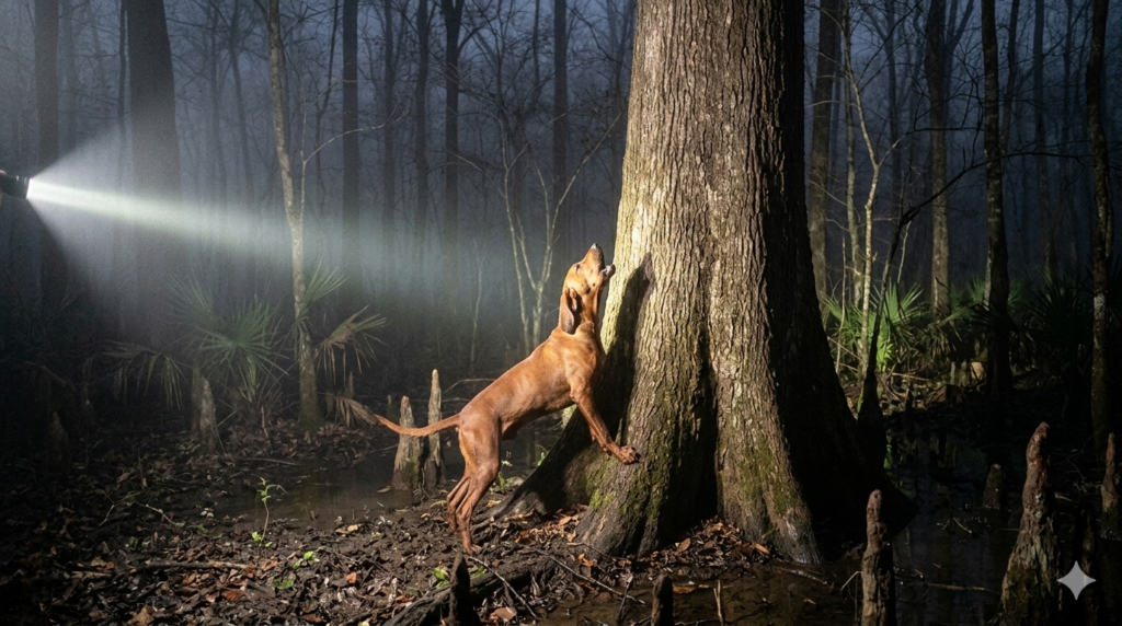 Redbone Coonhound baying at the base of a large hardwood tree in foggy river bottom timber at night