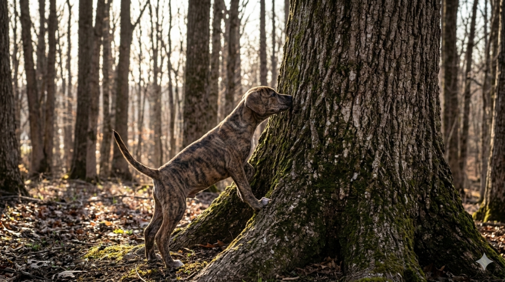 Young Mountain Cur squirrel dog pup with nose to a tree trunk in open hardwood timber