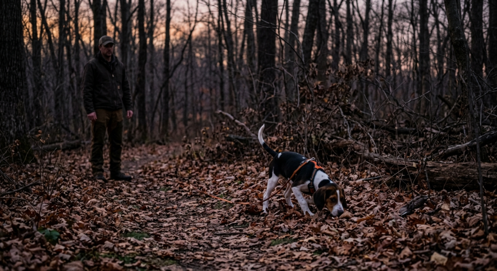Young Treeing Walker Coonhound following a fresh drag track through fallen leaves in a hardwood timber edge at dusk