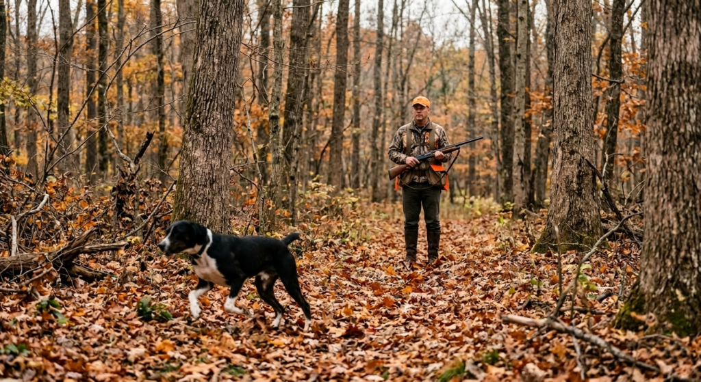 Treeing Cur squirrel dog moving through open hardwood timber ahead of a hunter during a fall hunt