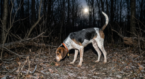 Young English Coonhound pausing on a track in hardwood timber during a night hunt