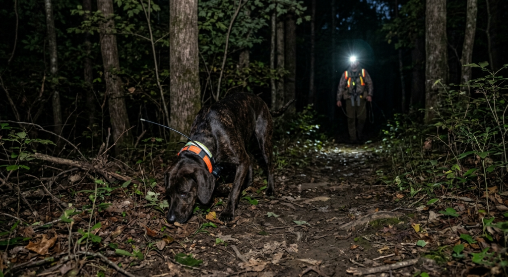 Plott hound trailing scent on a nighttime coonhound training hunt in hardwood timber