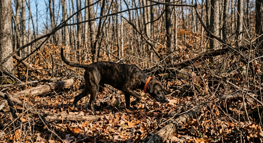 Young Mountain Cur hunting through hardwood timber during a fall squirrel dog training session