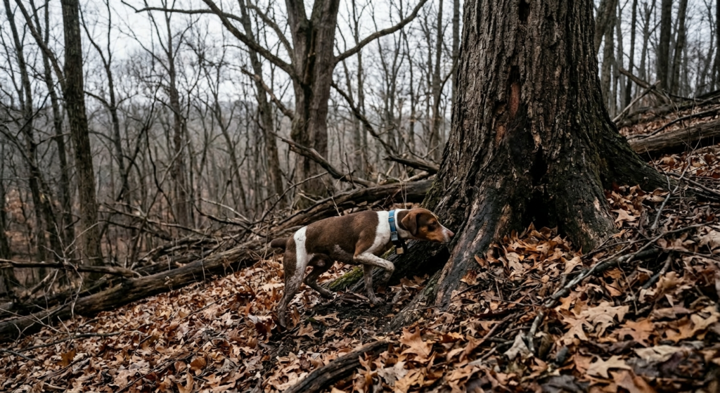 Feist squirrel dog checking a den tree on a slow squirrel day in open hardwoods