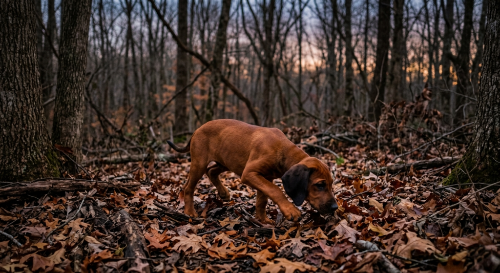 Young Redbone Coonhound working independently through hardwood timber during early coonhound training
