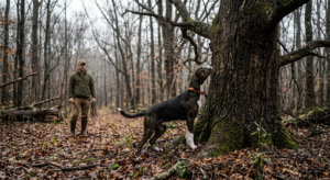 Young Treeing Cur standing at the base of an oak tree during an early squirrel dog training hunt in hardwood timber