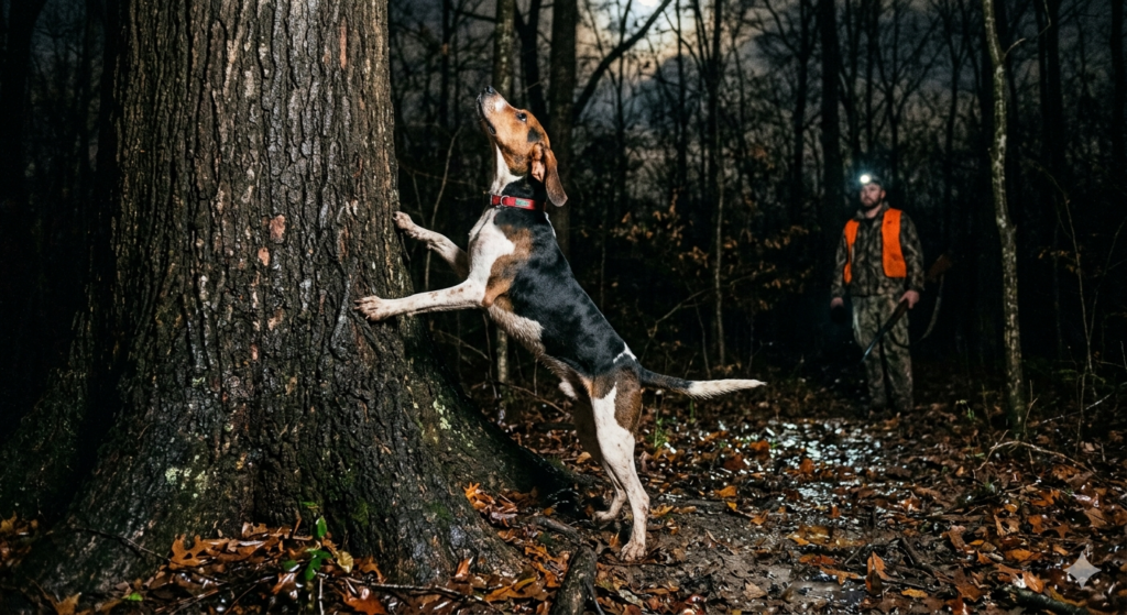 Treeing Walker Coonhound standing at base of tree during night hunt, nose up and focused before barking treed