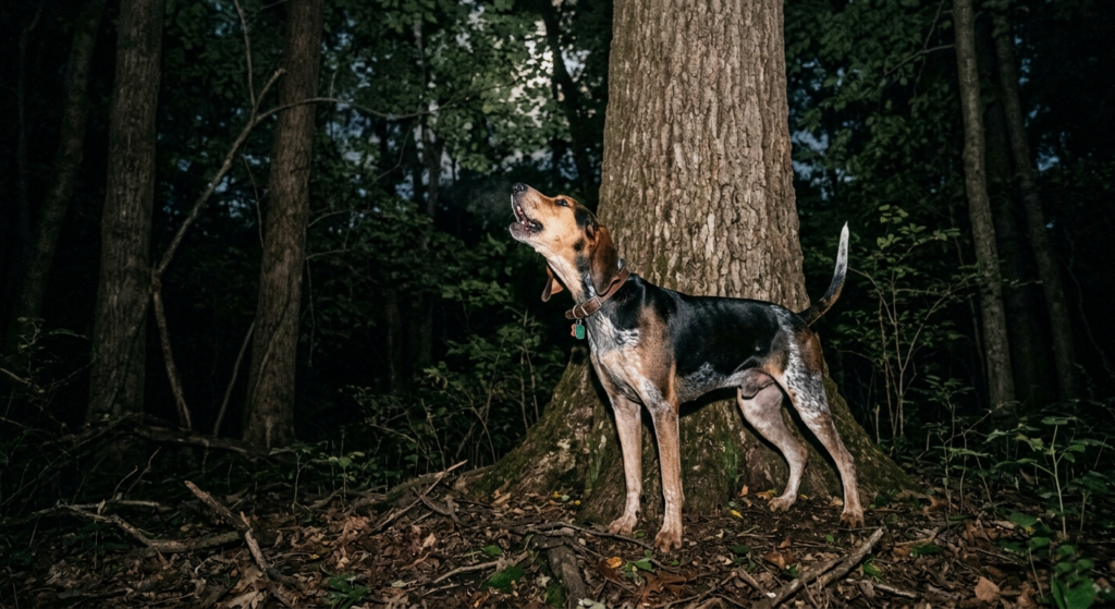 English Coonhound standing at a tree baying alone on a solo hunt in the dark woods
