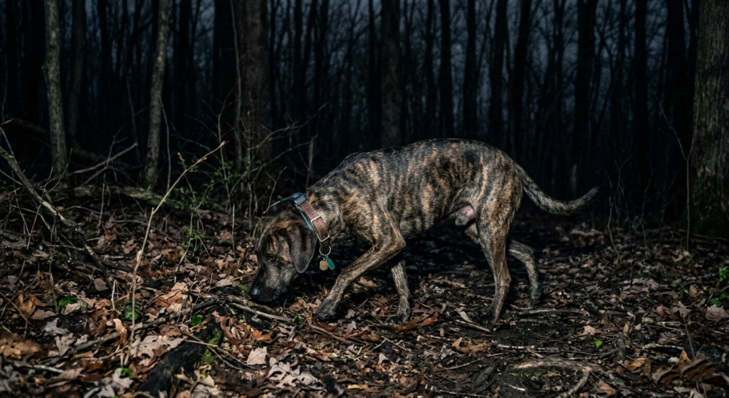 Young Plott hound working a track alone at night in hardwood timber during solo coonhound training session
