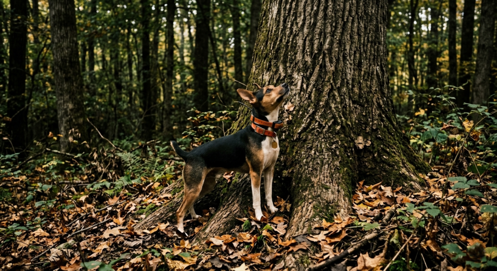 Feist squirrel dog pausing at tree base in thick leaf-covered hardwood timber