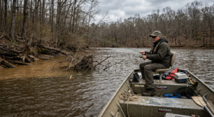 Angler fishing for crappie in muddy brown spring water from a small boat, casting near a brush pile along a wooded bank under an overcast sky.