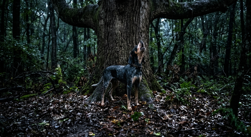 Young Bluetick Coonhound bawling at base of tree during a solo night hunt in hardwood forest