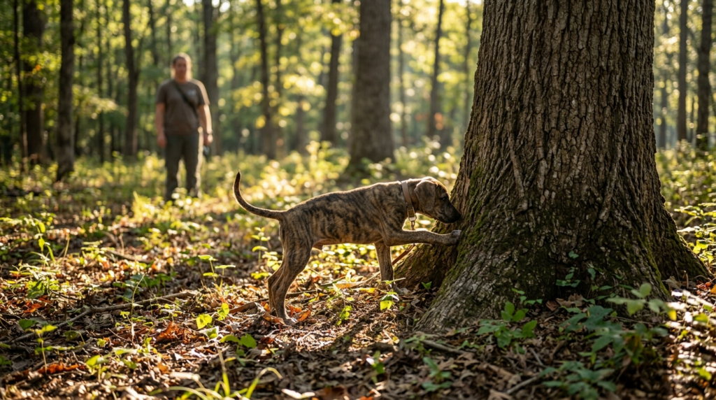 Young Mountain Cur pup working the base of a hardwood tree during an early squirrel dog training session in open timber