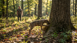 Young Mountain Cur pup working the base of a hardwood tree during an early squirrel dog training session in open timber