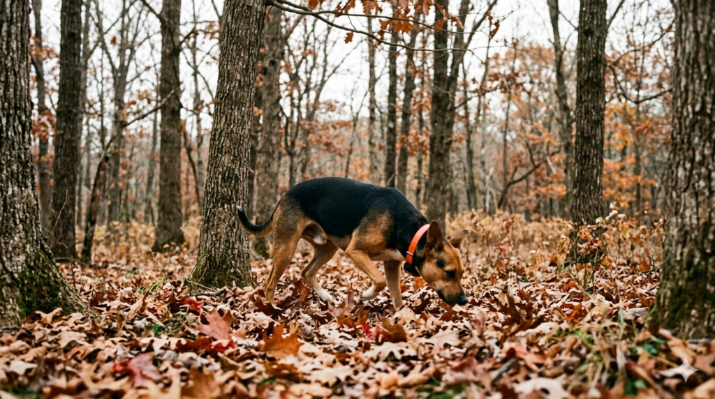 Mountain Feist squirrel dog tracking through open hardwood timber alone on a fall morning