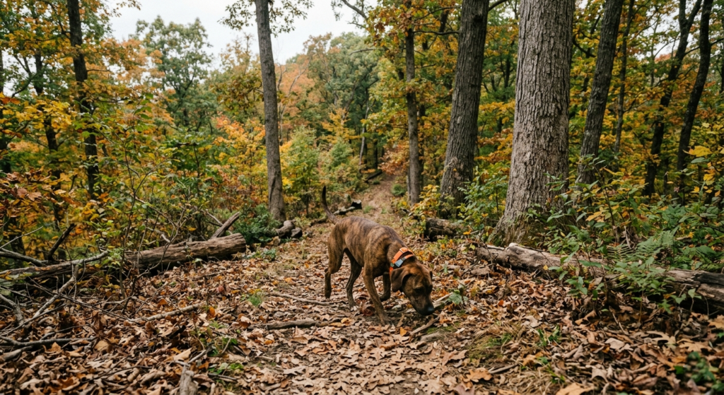 Young Mountain Cur squirrel dog working a track alone in hardwood timber