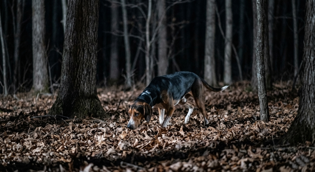 Treeing Walker Coonhound tracking through hardwood timber at night on a solo training hunt
