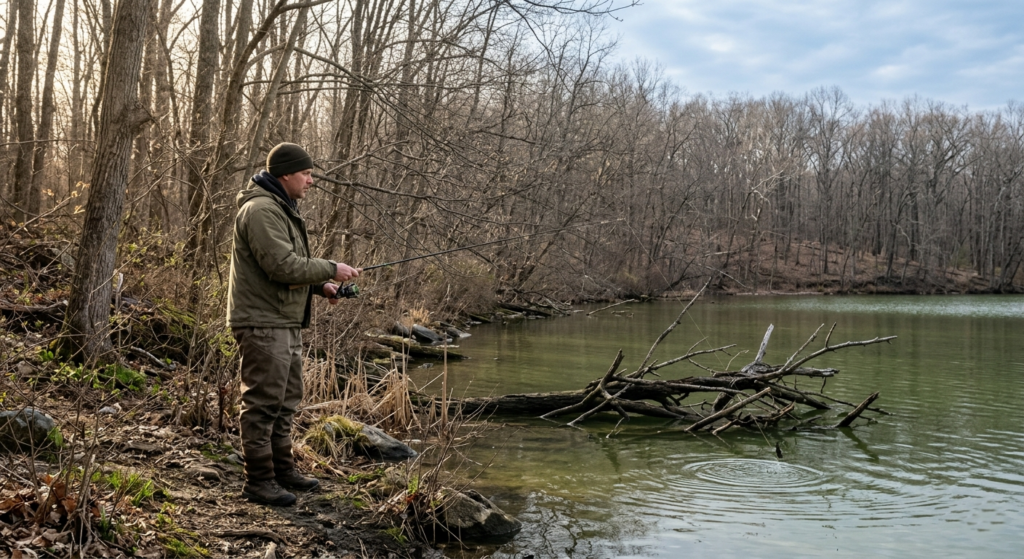 Angler fishing for crappie from the bank in spring near a laydown in shallow water