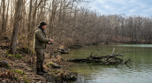 Angler fishing for crappie from the bank in spring near a laydown in shallow water