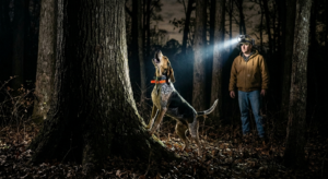 English Coonhound baying at tree during solo night hunt in hardwood timber